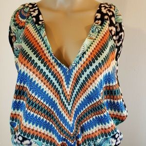 bebe Women's Blouse Top Floral Coral Mint Green